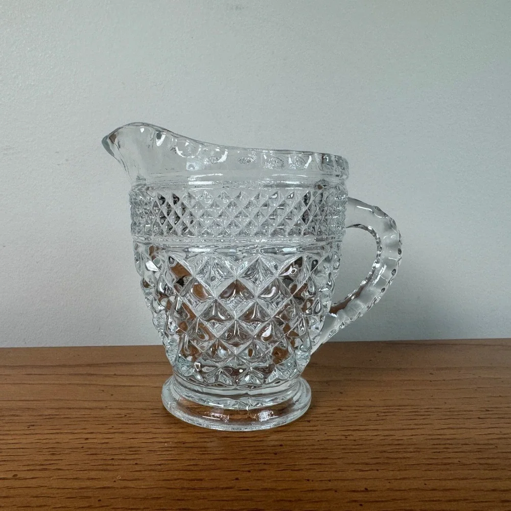 Vintage Anchor Hocking Prescut Glass Creamer Pitcher Small Clear Embossed Handle